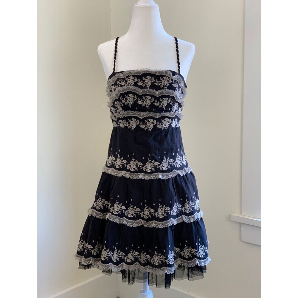 Free People Ruffle Lace Tiered Mini Dress 0 XS Black Dark Romantic Whimsygoth